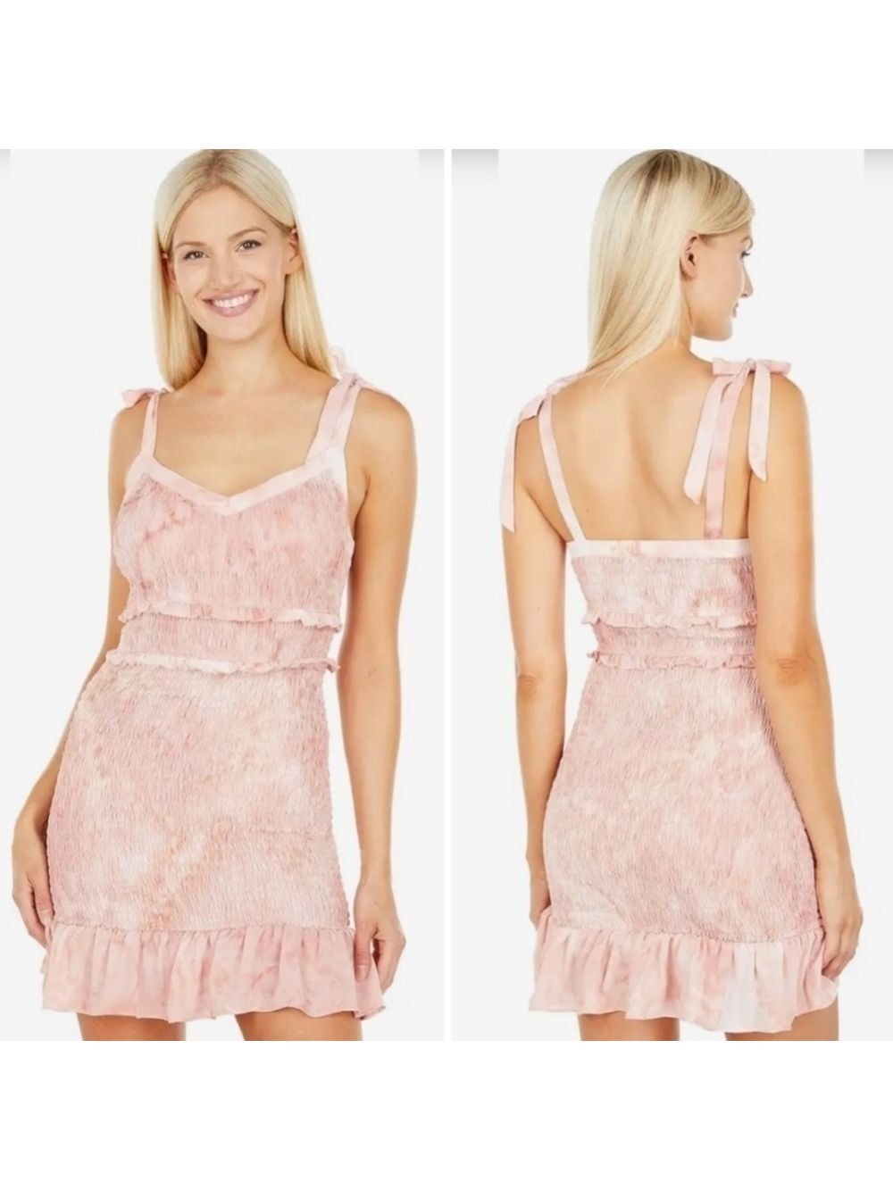 NWT BCBG Generation Pink Tie Dye Woven Smocked Sleeveles Bow Dress Large